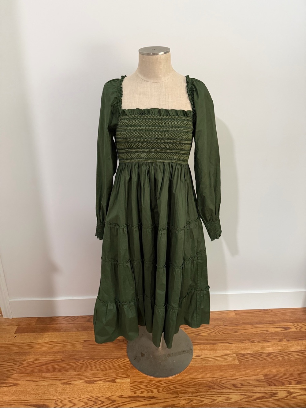 Hill House Olive Green Smocked Midi Dress M